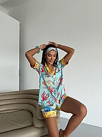 Viaggio Creativo Saten Kısa Pijama Takımı Mercan Adası