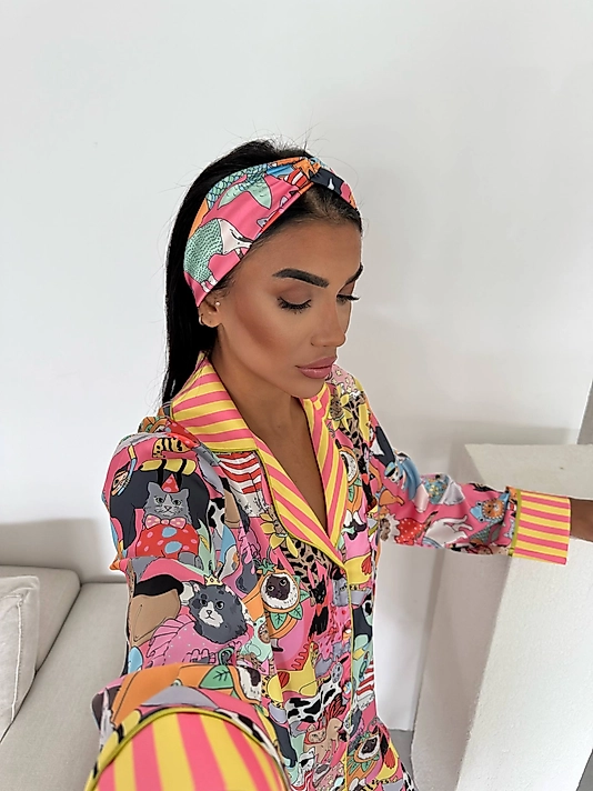 Viaggio Creativo Saten Uzun Pijama Takımı Sihirli Kedi