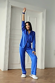 Viaggio Creativo Saten Uzun Pijama Takımı Gece Mavisi