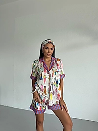 Viaggio Creativo Saten Kısa Pijama Takımı Retro Kadın