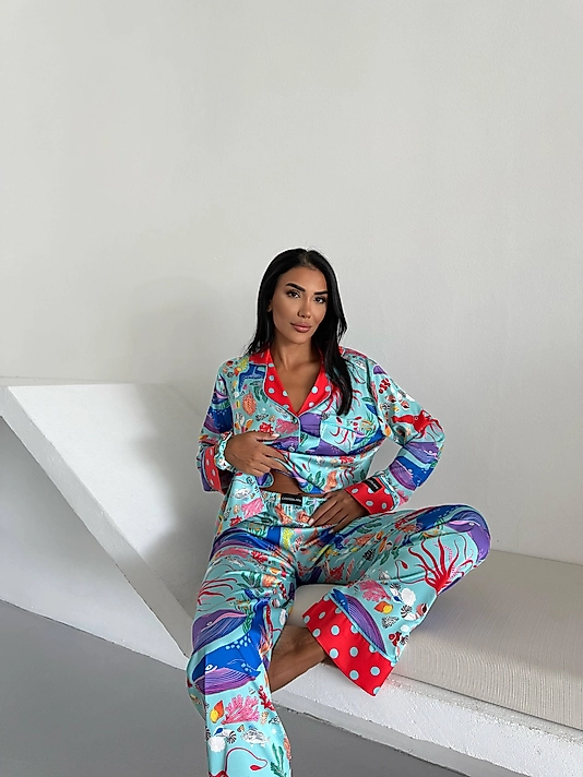 Viaggio Creativo Saten Uzun Pijama Takımı Okyanus Esintisi