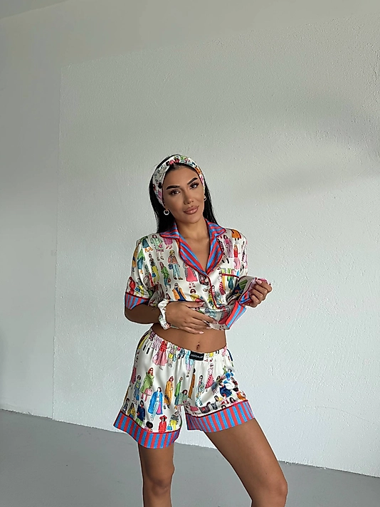 Viaggio Creativo Saten Kısa Pijama Takımı Retro Kadın