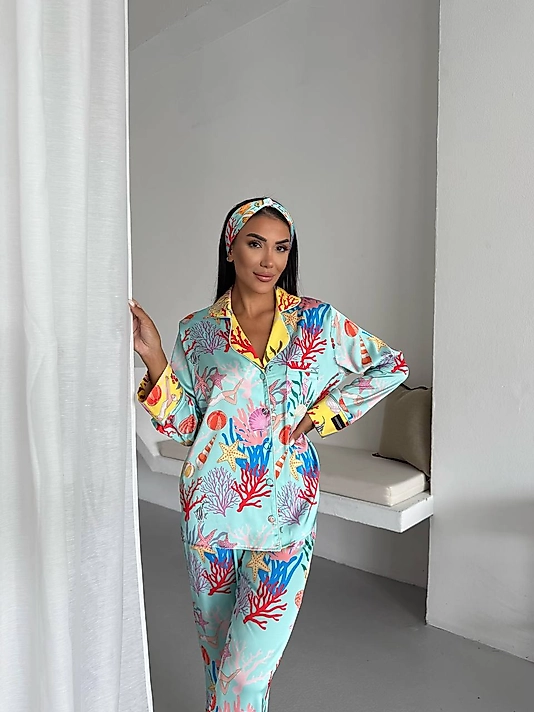 Viaggio Creativo Saten Uzun Pijama Takımı Mercan Adası