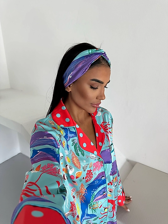 Viaggio Creativo Saten Uzun Pijama Takımı Okyanus Esintisi