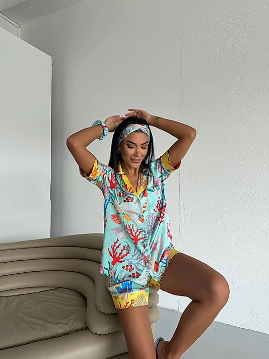 Viaggio Creativo Saten Kısa Pijama Takımı Mercan Adası