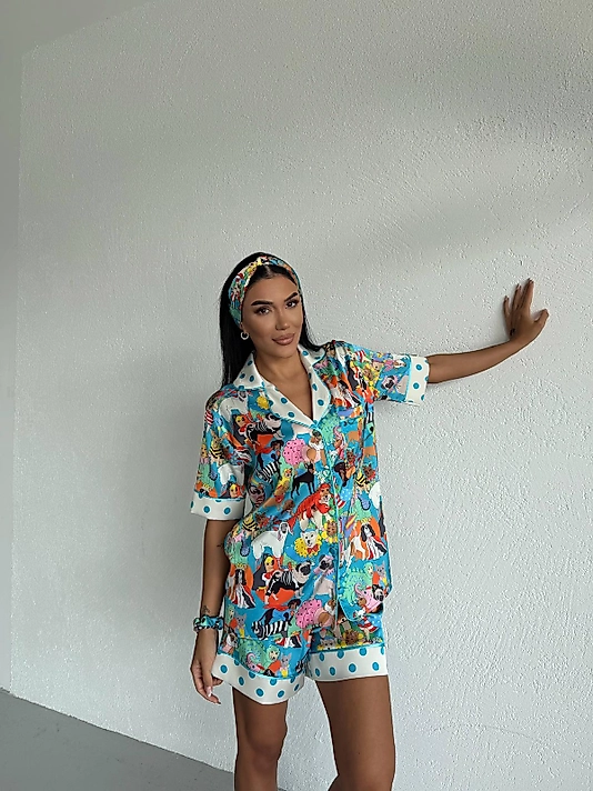 Viaggio Creativo Saten Kısa Pijama Takımı Masal Dünyası