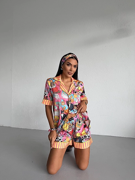 Viaggio Creativo Saten Kısa Pijama Takımı Sihirli Kedi