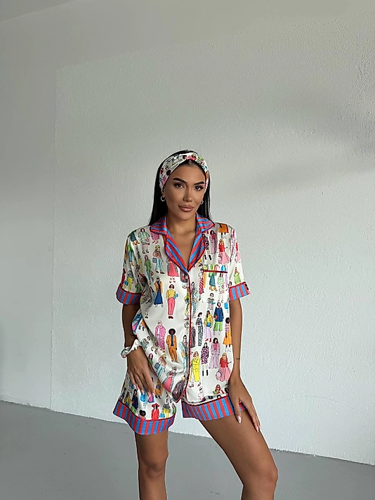 Viaggio Creativo Saten Kısa Pijama Takımı Retro Kadın