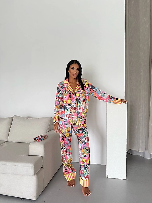 Viaggio Creativo Saten Uzun Pijama Takımı Sihirli Kedi