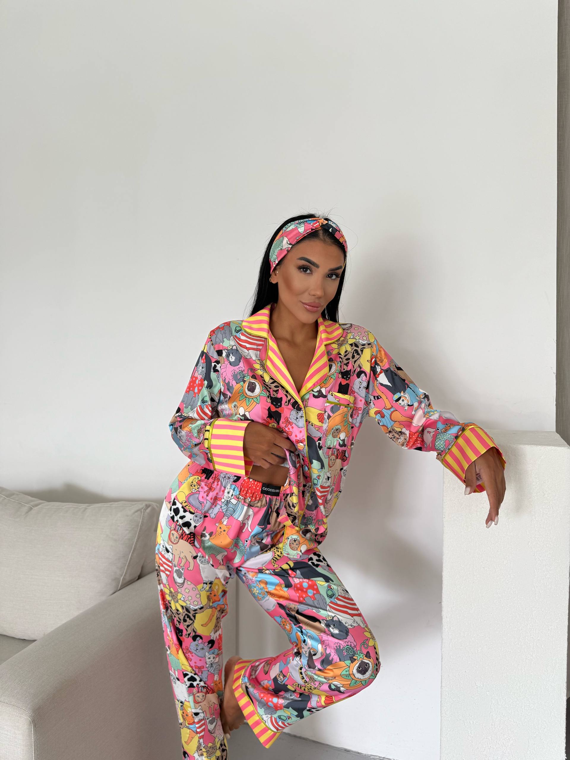 Viaggio Creativo Saten Uzun Pijama Takımı Sihirli Kedi